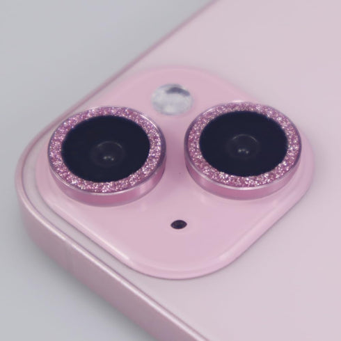 for iPhone 15/15 Plus Camera Lens Protector Bling Glitter Metal Crystal Tempered Glass Screen Accessories Sparkly Lens Cover for iPhone 15 / 15Plus (Pink)