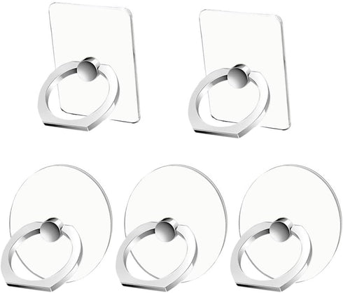 Cell Phone Ring Holder Stand (5 Pack) - Silver Transparent Kickstand with 360° Rotation for Various Phones