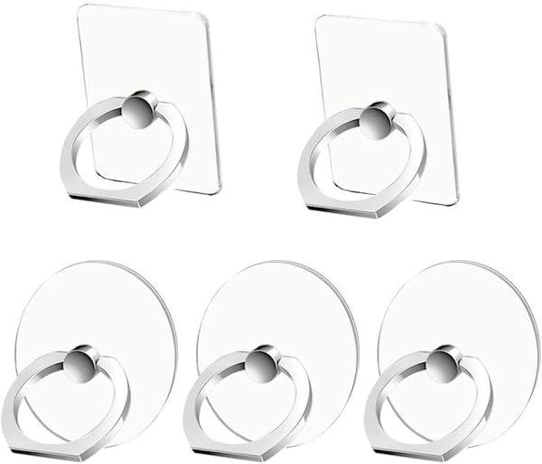 Cell Phone Ring Holder Stand (5 Pack) - Silver Transparent Kickstand with 360° Rotation for Various Phones