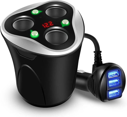 3 Socket Cigarette Lighter Splitter Power Adapter + 3 USB Car Charger 120W 12V/24V DC Outlet with Volt Meter for Cell