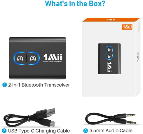 1Mii Bluetooth 5.3 Transmitter Receiver for TV, Wireless Headphones, Dual Link AptX Adaptive/Low Latency/HD Audio, Aux