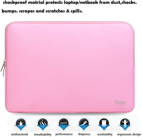 Naukay 15.6 Inch Laptop Sleeve, Resistant Neoprene Notebook Computer Pocket Case, Pink