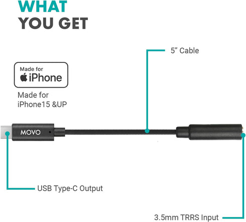 Movo 3.5mm TRRS Microphone Adapter Cable to USB-C, Compatible with iPhone 15 and up, Optimized for Pro Audio