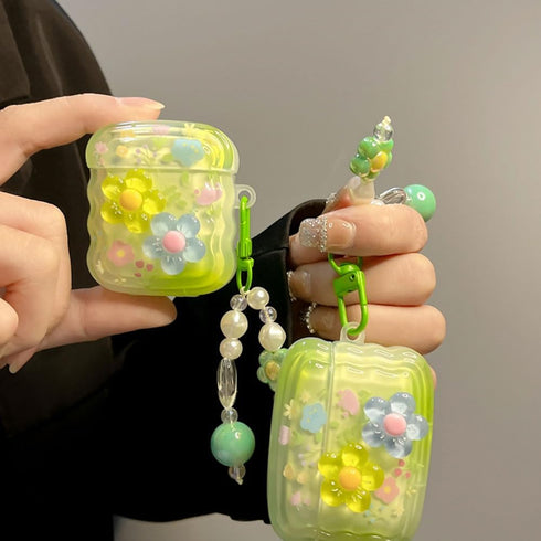for AirPods Case with Cleaner Kit, Cute 3D Curly Wave Frame Flowers Design Preppy Fashion with Keychain, Soft TPU