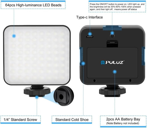 LED Video Light with 3 Cold Shoe, PULUZ Dimmable Video Splicing Fill Light for Canon Nikon Sony DSLR