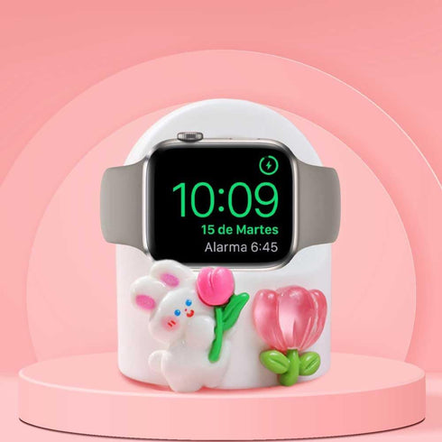 zougon Cute White Rabbit Tulip Charger Stand for Apple Watch Series, Silicone Desk