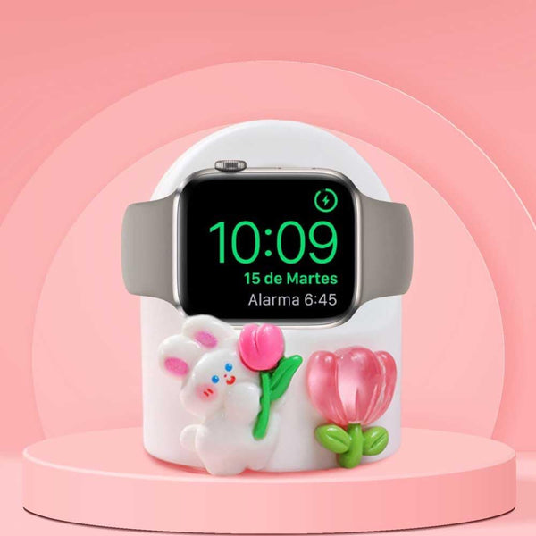zougon Cute White Rabbit Tulip Charger Stand for Apple Watch Series, Silicone Desk