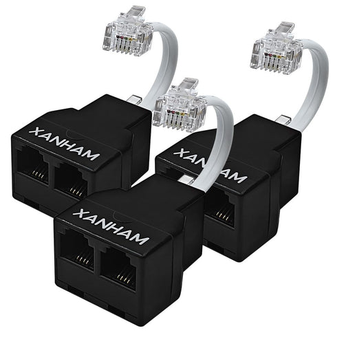 Telephone Cable 2 Way Splitter (3 Pack), RJ11 6P4C Phone Line Cord Adapter with 3 inch Cable for Landline Phone Wire