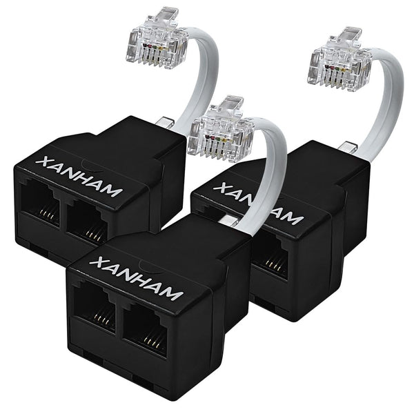 Telephone Cable 2 Way Splitter (3 Pack), RJ11 6P4C Phone Line Cord Adapter with 3 inch Cable for Landline Phone Wire
