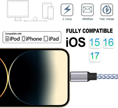 MFi Certified iPhone Charger 3-Pack 6ft Nylon Braided USB-A to Lightning Fast Charging Cable for iPhone 14/13/12/11 Pro