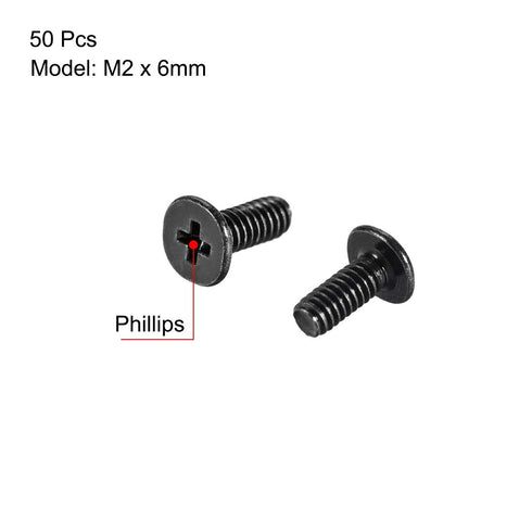 uxcell M2x6mm Phillips Screw Fastener Black 3.8mm Dia Screw Head for Laptop PC TV Fan Switch 50pcs