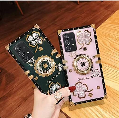 Samsung Galaxy S21 Ultra Bling Case, Gold Fashion Square Bling Diamond Glitter Soft Trunk Cover with Ring Holder