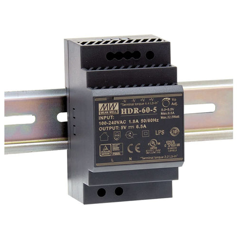 MEAN WELL HDR-60-5 Ultra Slim Step Shape 3SU DIN Rail Power Supply, 5 Volt, 6.5 Amp, 32.5 Watt