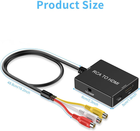 RCA to HDMI Converter, AV to HDMI Adapter with HDMI Cable, Supports PAL/NTSC for PS2/VHS/VCR/Blue-Ray DVD