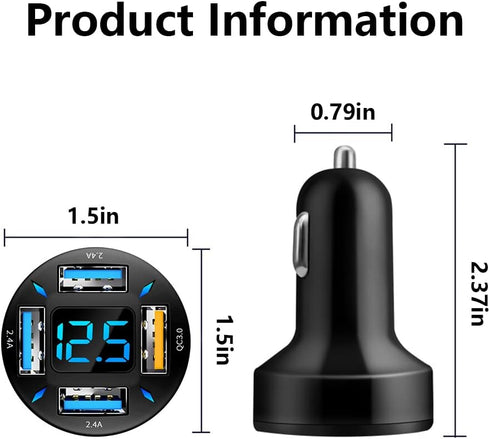 Car Charger 66W Super Fast Charging - USB 2.4A & QC 3.0 (Voltmeter & LED Lights) Universal Quick Charge for 12-24V Car