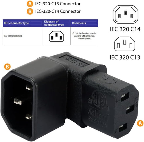 JSER IEC Male C14 to Right Angled 90 Degree IEC Female C13 Power Extension Adapter, 220V 10A Max