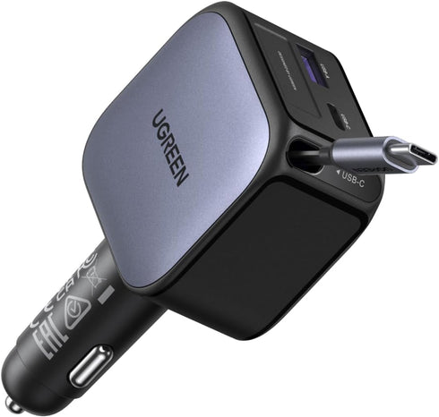 UGREEN 60W 2C1A Car Charger with Retractable Cable, 3-Port Fast Charger with 30W
