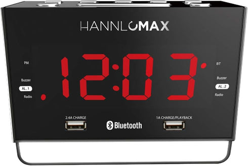 HANNLOMAX HX-131CR Alarm Clock Radio. PLL FM Radio, 1.2" Red LED Display, Bluetooth, USB Ports for 2.4A & 1A Charging/MP3 Playback, Night Light. by HANNLOMAX