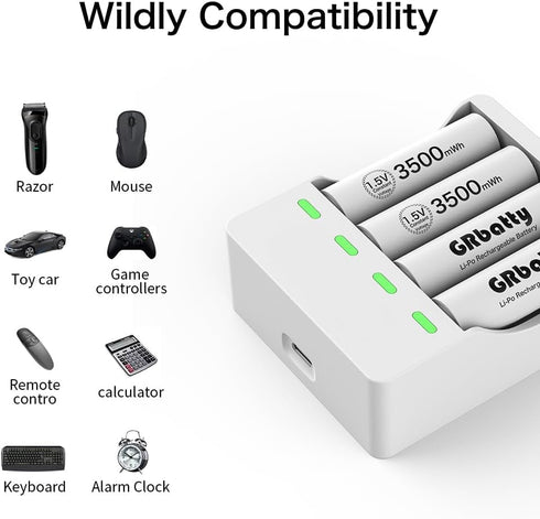 GRbatty 3500mWh 1500 1.5V, (4 Pack) Rechargeable AA Lithium Batteries, with AA and AAA Charger, Cycles for Household