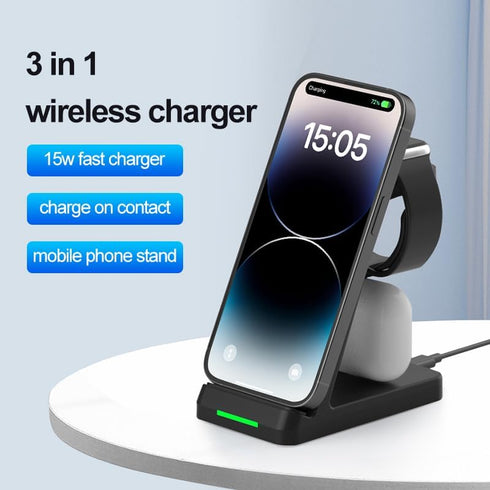 3 in 1 Wireless Charger for iPhone 15/14/13/12/11/X, Apple Watch, AirPods Charging Dock with QC3.0 Adapter - Black