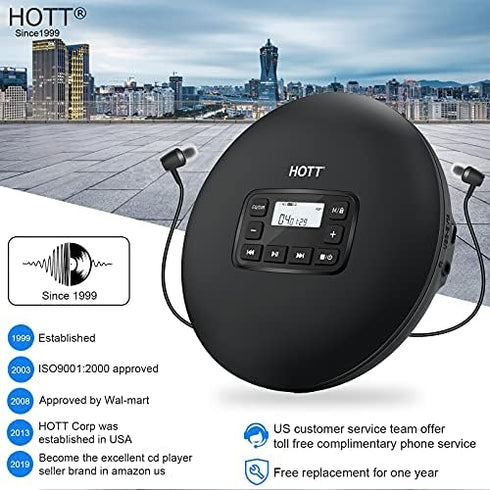 HOTT CD204 Portable CD Player - Personal Compact CD Player with Headphones, Anti-Skip/Shockproof for Home Travel, Black