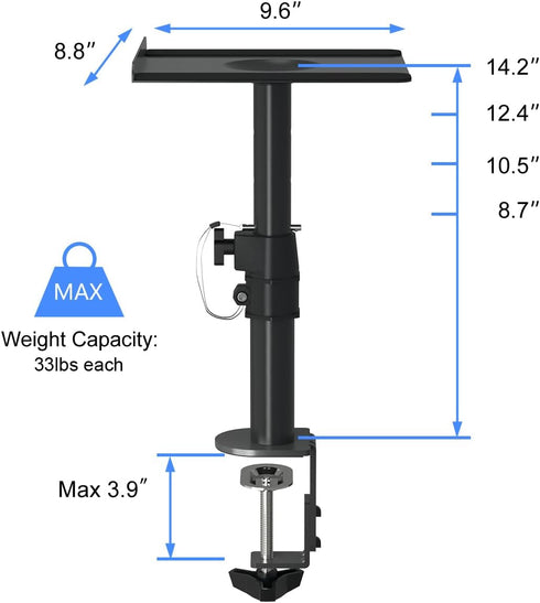 suptek Clamp-on Speaker Stand Desk Mount Set, Height Adjustment, Universal Audio Holders for Computer & Bookshelf