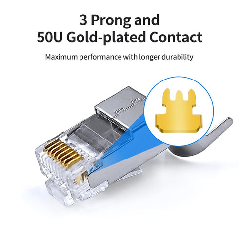 10 Pack Cat7 Cat6A Pass Through Shielded RJ45 Connector Modular Network 50 Gold-Plated Plug for Cat 6, Cat 6A, Cat 7