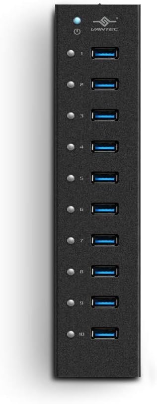 Vantec 10-Port USB 3.0 Hub, Aluminum, Full Powered, Mountable, with All Ports Data & Charging Up to 1.5A, BC 1.2,