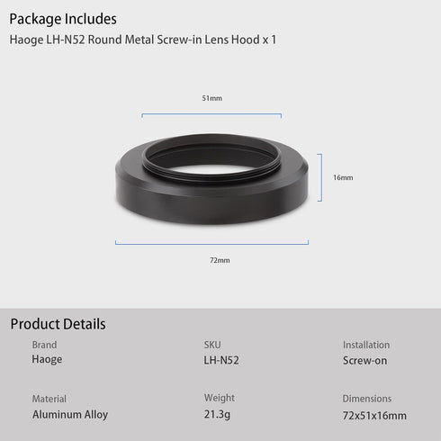 Haoge Metal Lens Hood for Nikon NIKKOR Z 40mm f/2, Z 28mm f/2.8, Compatible with 52mm Filters