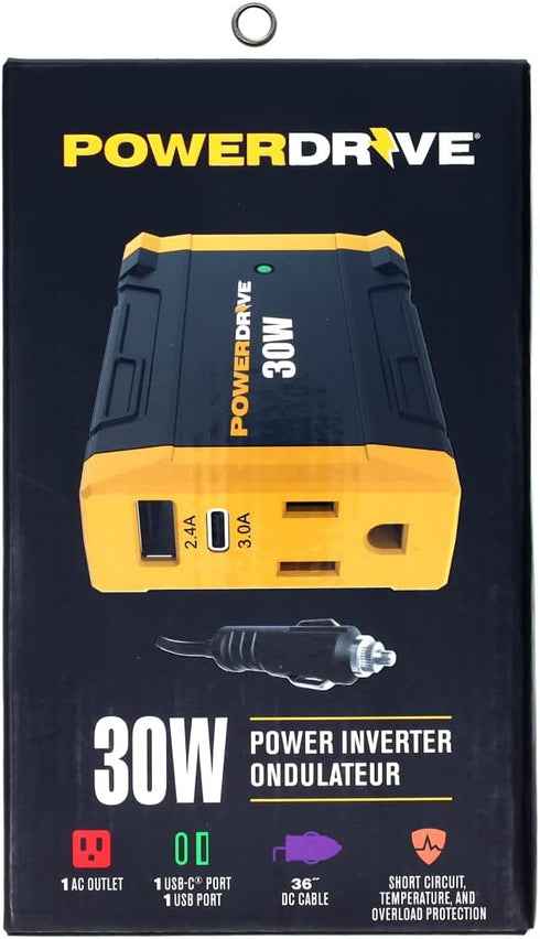 PowerDrive PWD30 30 Watt Power Inverter, Car Plug Adapter 12V DC to 110V AC Slim Converter