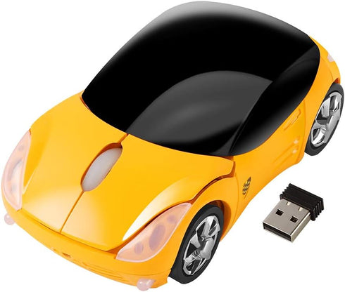2.4GHz Wireless Mouse Cool 3D Sport Car Shape Ergonomic Optical Mice with USB Receiver for PC Laptop Computer Women Small Hands(Yellow)