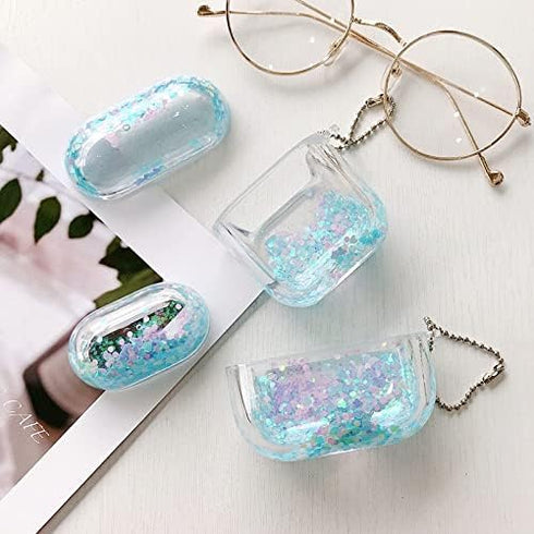 UnnFiko Bling Quicksand Case for AirPods 1 & 2 - Cute Sparkle Liquid Protective Case with Keychain (Blue)