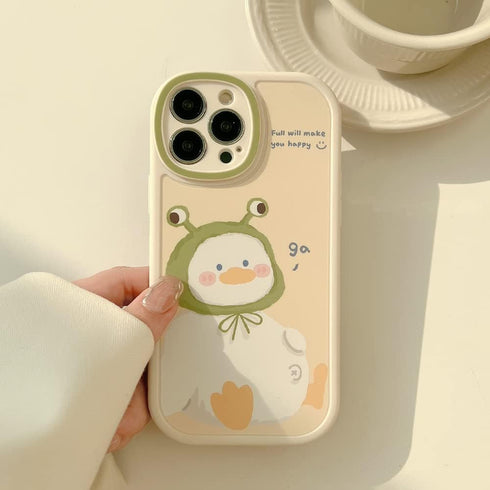iPhone Case - Cute Caroon Duck with Frog Hat Soft Design (Beige, iPhone 14)