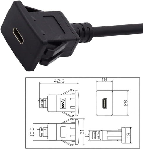 NFHK Waterproof Dustproof USB-C Type-C 10Gbps Extension Cable for Dashboard Panel, Flush Car Latch Mount