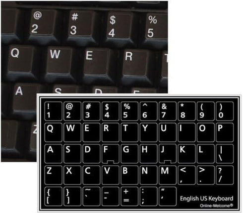 English US Non Transparent Keyboard Stickers, Black Background, 11x13mm