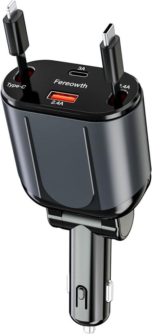Retractable Car Charger 4 in 1 Fast Phone Charger Adapter PD 63W with 31.5 inch Cables and 2 USB Ports, Compatible with