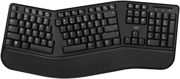 Monoprice Ergonomic Wireless Split Keyboard, 105-Key 2.4GHz with 13 Multimedia Hotkeys, Built-in Wrist Cushion Support