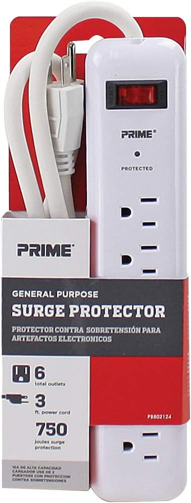 Prime Wire PB802124 6-Outlet Household Electronics Surge Protector with 3-Feet Cord