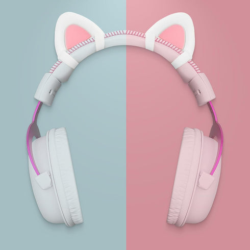 Cute Pink Cat Ears for HyperX Cloud/Cloud Stinger/Cloud Flight Headsets, Adjustable Attachment Straps, White & Pink