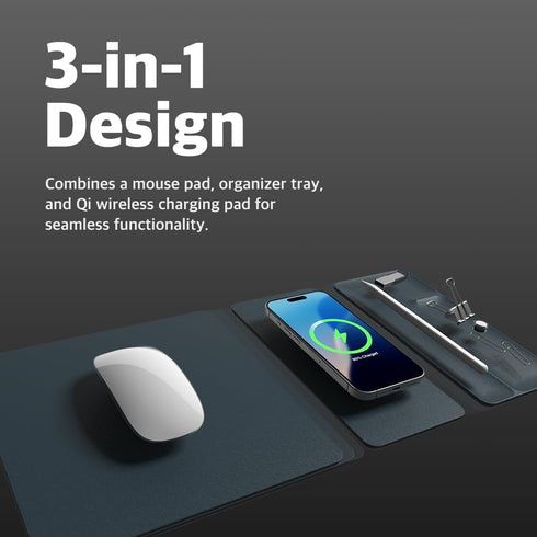 POUT H3 3-in-1 Split Max Wireless Charging Mouse Pad Fast Qi Charger, Mousepad Mat, and Magnetic Tray Organizer