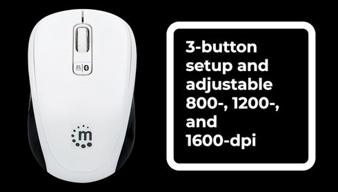 Manhattan Ergonomic Wireless & Bluetooth Mouse - 800/1200/1600 dpi, 3 Buttons with Scroll Wheel, Black & White