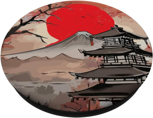 Vintage Japanese Mountain Landscape Temple Full Red Moon PopSockets Standard PopGrip