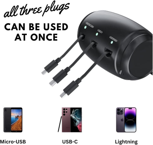 Headrest Car Fast Charger - Retractable Multi Port for USB-C, Android, Apple, 3 in 1 Headrest 3 Feet Cable Charger for