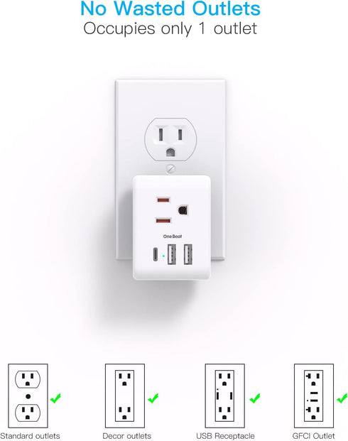 Multi Plug Outlet Extender, Non Surge Protector Electric Outlet Splitter with 3 USB Wall Charger (1 USB C) for