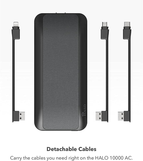 HALO 10000 AC, 10,000mAh Internal Battery with Built-in AC Wall Plug & Charging Cables, Black