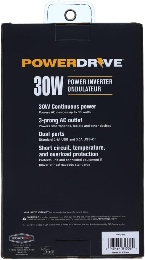 PowerDrive PWD30 30 Watt Power Inverter, Car Plug Adapter 12V DC to 110V AC Slim Converter