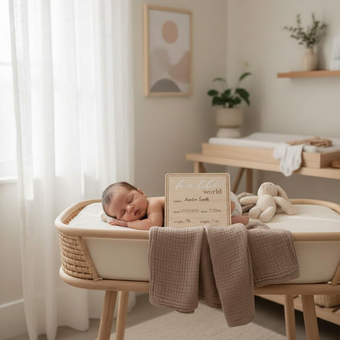 Kate & Milo Wooden Hello World Birth Announcement Photo Prop, Newborn Milestone Sign with Birth Details for Hospital