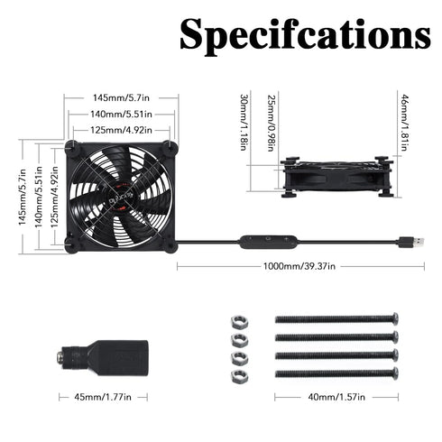 xiaoqijia 140mm 10 5V 12V IPX5 Quiet Fan with Speed USB Fan DC Waterproof Fan PC Fan Portable Cooling Fan for Tablet TV