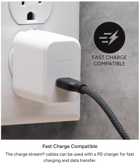 mophie Charge Stream USB-A to Lightning 1m/3ft Silicone Cable - Long-Lasting Braided Cord with Enduraflex, Fast Charge Compatible & 12W Power Delivery