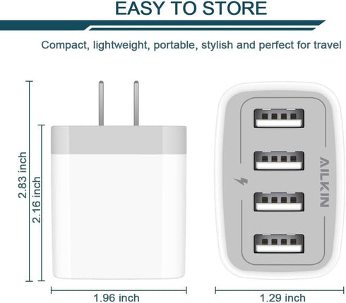 AILKIN USB Charger Cube, 4.8A 4-Port Wall Charger Plug, Charging Station for iPhone 15 14 13 12 11 Pro Max